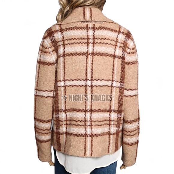 Rachel Zoe Tan Brown Plaid Jacket Eyelash Texture Soft Stretch Coatigan Size M - Picture 7 of 11